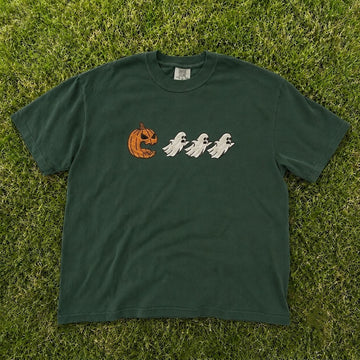 SCARY PUMPKIN ARCADE CHASE WITH GHOSTS SPOOKY HALLOWEEN EMBROIDERED TEE CT-0081