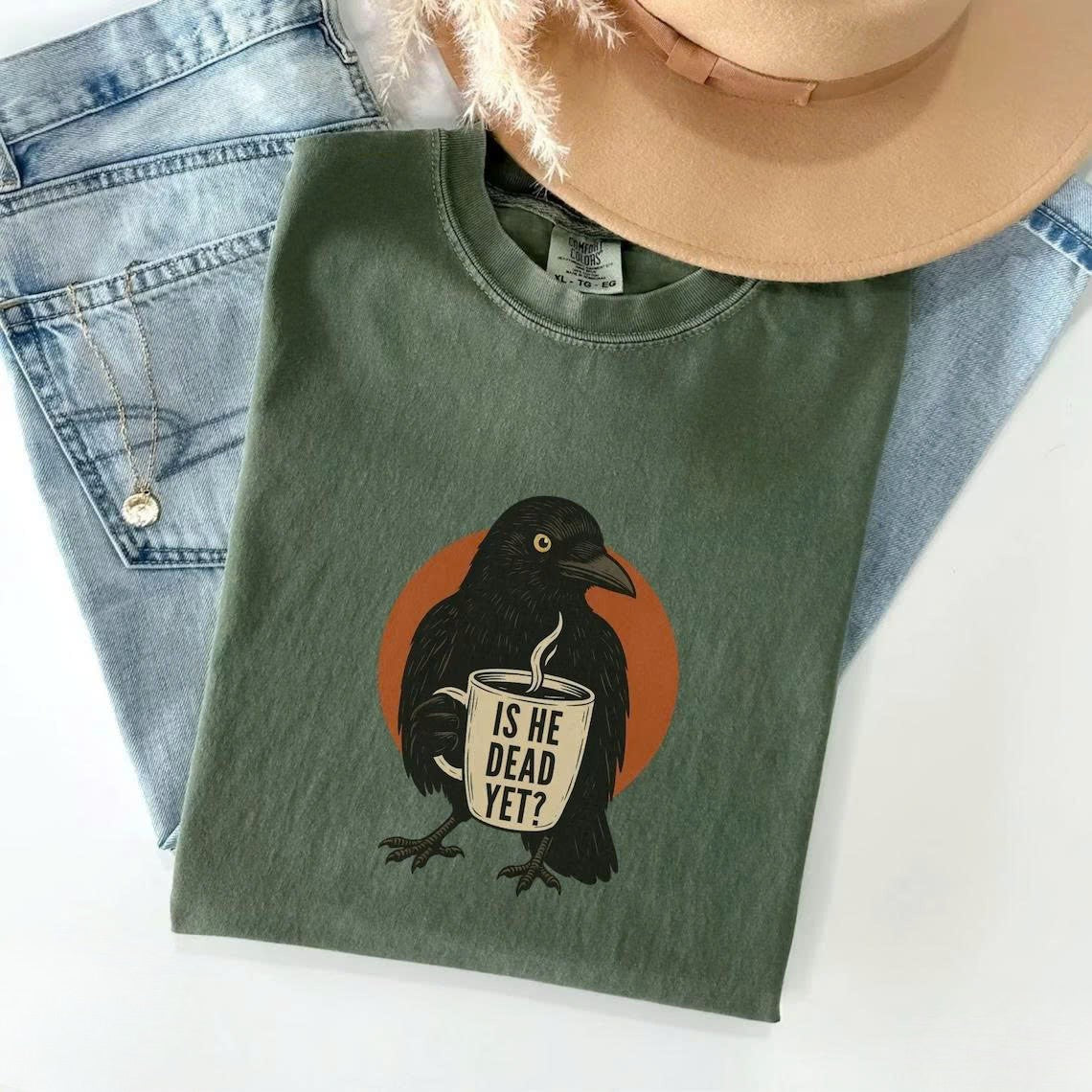 FUNNY CROW DRINKING COFFEE SHIRT LL - 0097