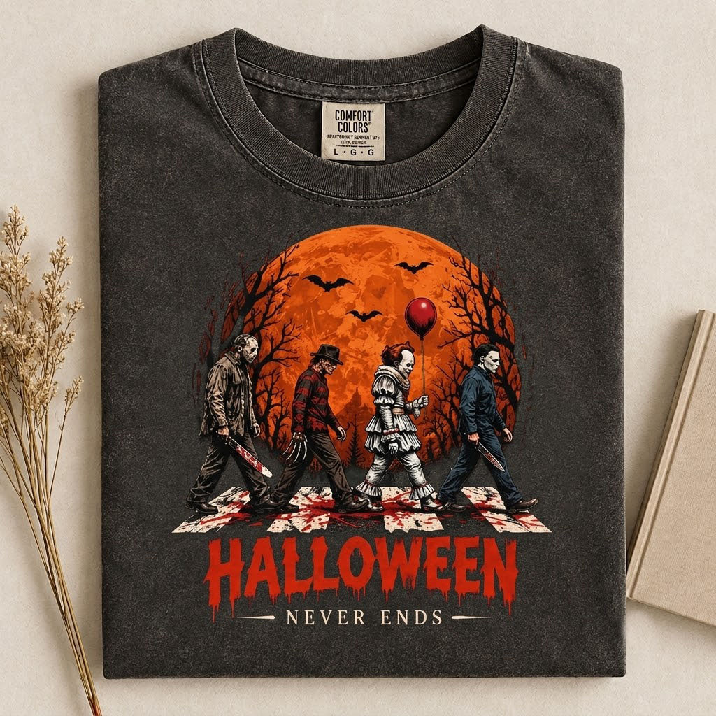 Halloween Horror Crosswalk Abbey Road Shirt, Slasher Horror Movie Night Inspired Tee, Halloween Never Ends B-00186
