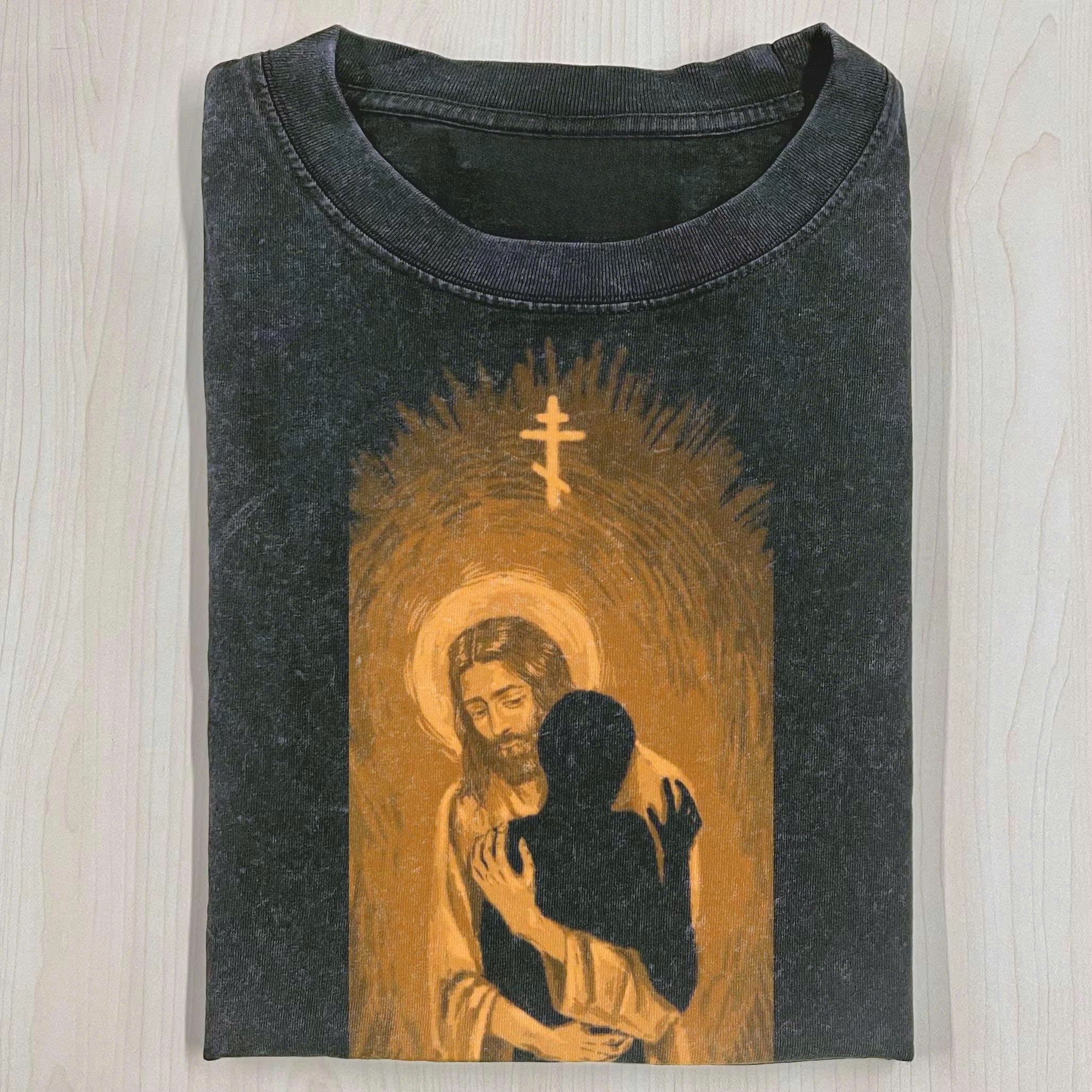 JESUS EMBRACING SINNER GRAPHIC TEE CHRISTIAN ORTHODOX CROSS SHIRT LL - 0140