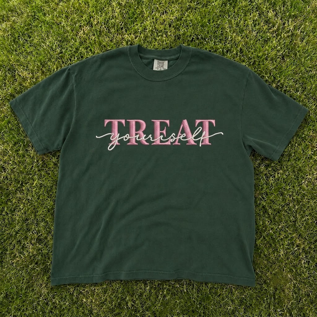TREAT YOURSELF CUTE PINK SCRIPT SELF CARE EMBROIDERED TEE CT-0063