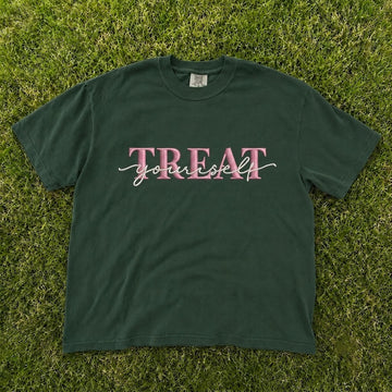 TREAT YOURSELF CUTE PINK SCRIPT SELF CARE EMBROIDERED TEE CT-0063