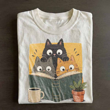 RETRO CURIOUS READING CATS SHIRT HHUE - 149