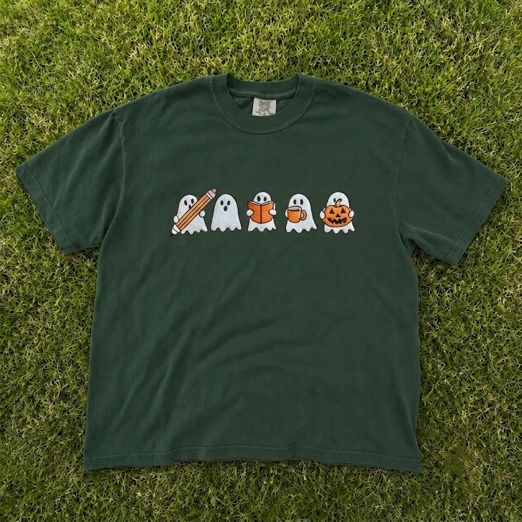 Cute Ghosts School & Fall Activities Embroidered Tee CT-0088