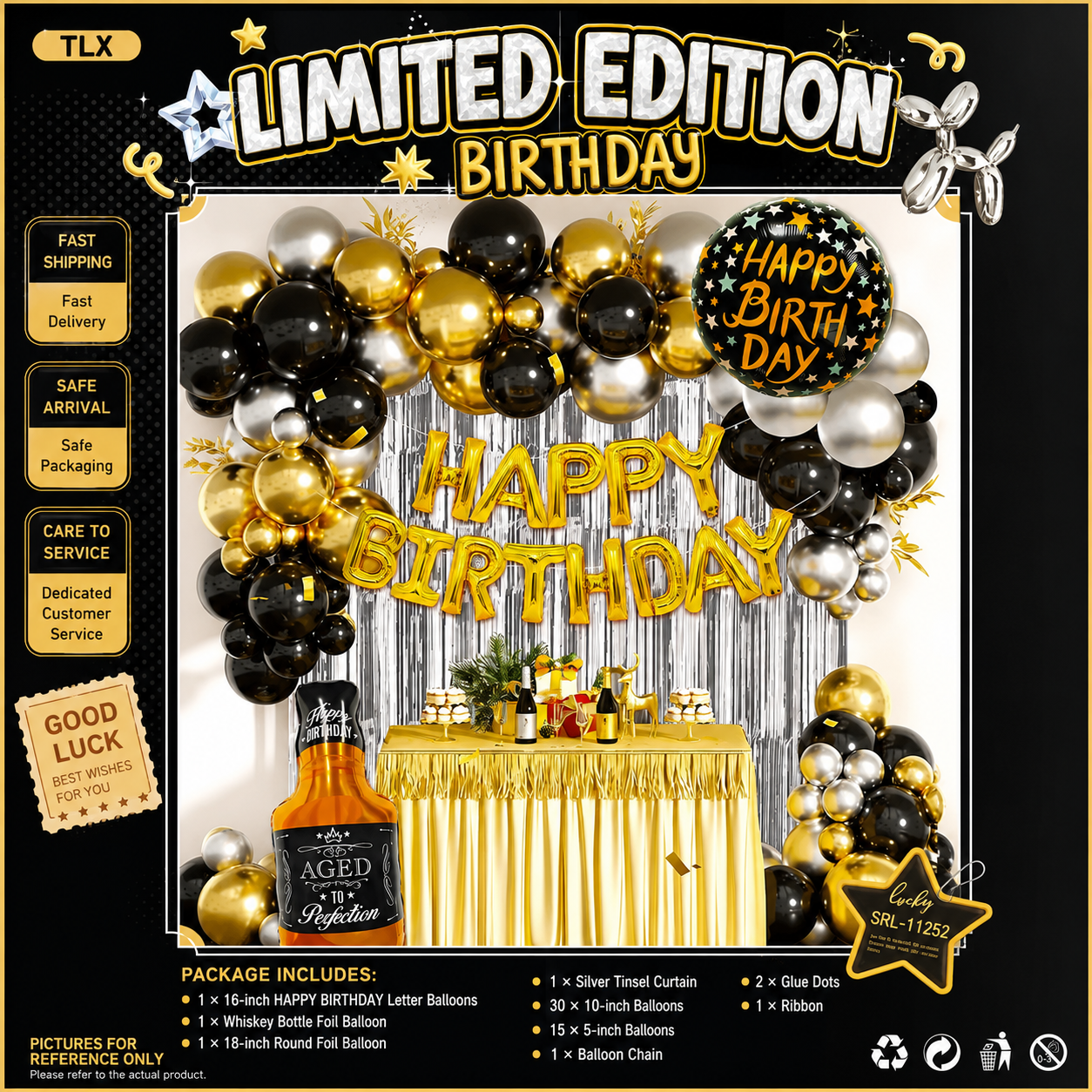 Black Gold Happy Birthday Balloon Garland Kit with Whiskey Bottle & Silver Tinsel Curtain – Luxury Birthday Party Decoration Set