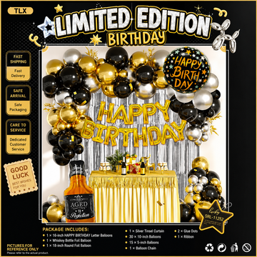 Black Gold Happy Birthday Balloon Garland Kit with Whiskey Bottle & Silver Tinsel Curtain – Luxury Birthday Party Decoration Set