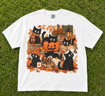 Cute Black Cats Pumpkin Porch Fall Autumn T-Shirt CT-0113