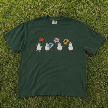 CUTE DUCKS GEESE FLOWERS GARDEN COTTAGECORE EMBROIDERED TEE CT-0071