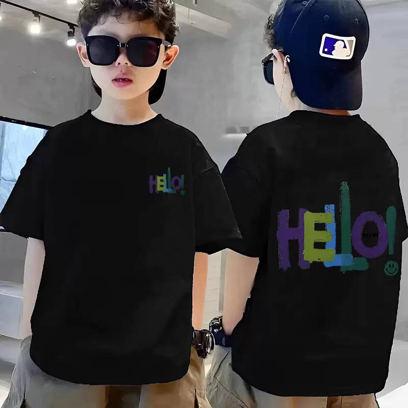 Boys Oversized Graphic T-Shirt – "HELLO!" Print Short Sleeve Cotton Tee for Kids