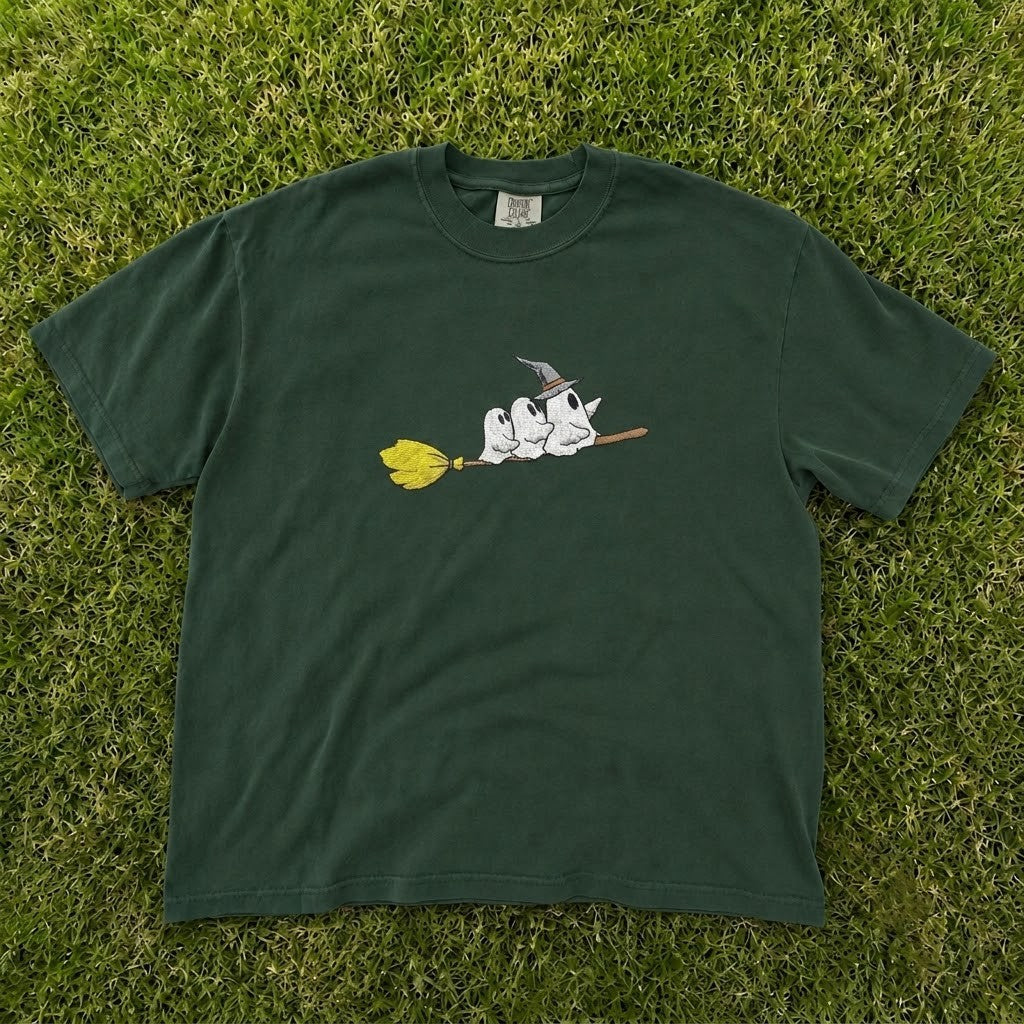 CUTE GHOSTS RIDING BROOMSTICK WITCH HAT HALLOWEEN EMBROIDERED TEE CT-0075