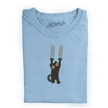FUNNY EMBROIDERED BLACK CAT TEE HHUE - 012