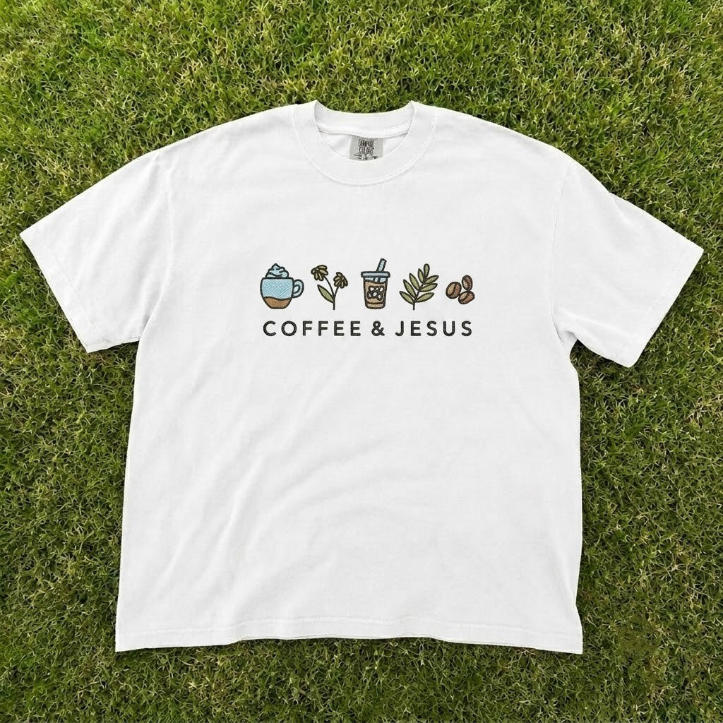 COFFEE & JESUS CUTE CHRISTIAN COFFEE LOVER EMBROIDERED TEE CT-0054