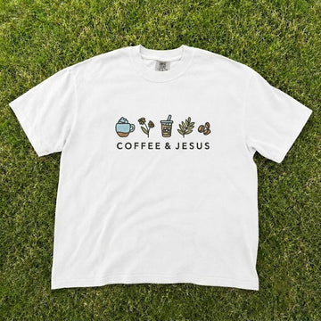 COFFEE & JESUS CUTE CHRISTIAN COFFEE LOVER EMBROIDERED TEE CT-0054