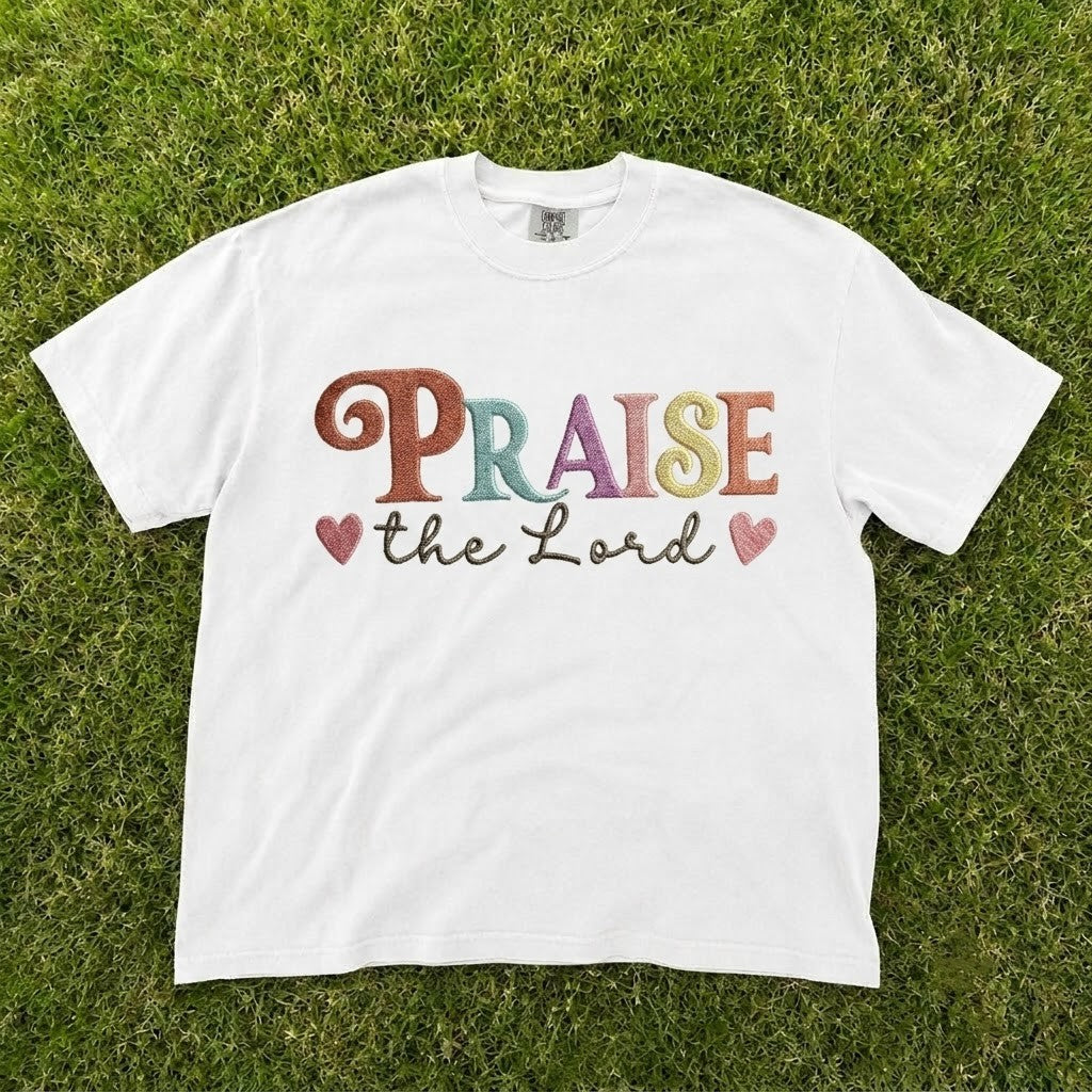 PRAISE THE LORD RETRO HEART CHRISTIAN EMBROIDERED TEE CT-0050