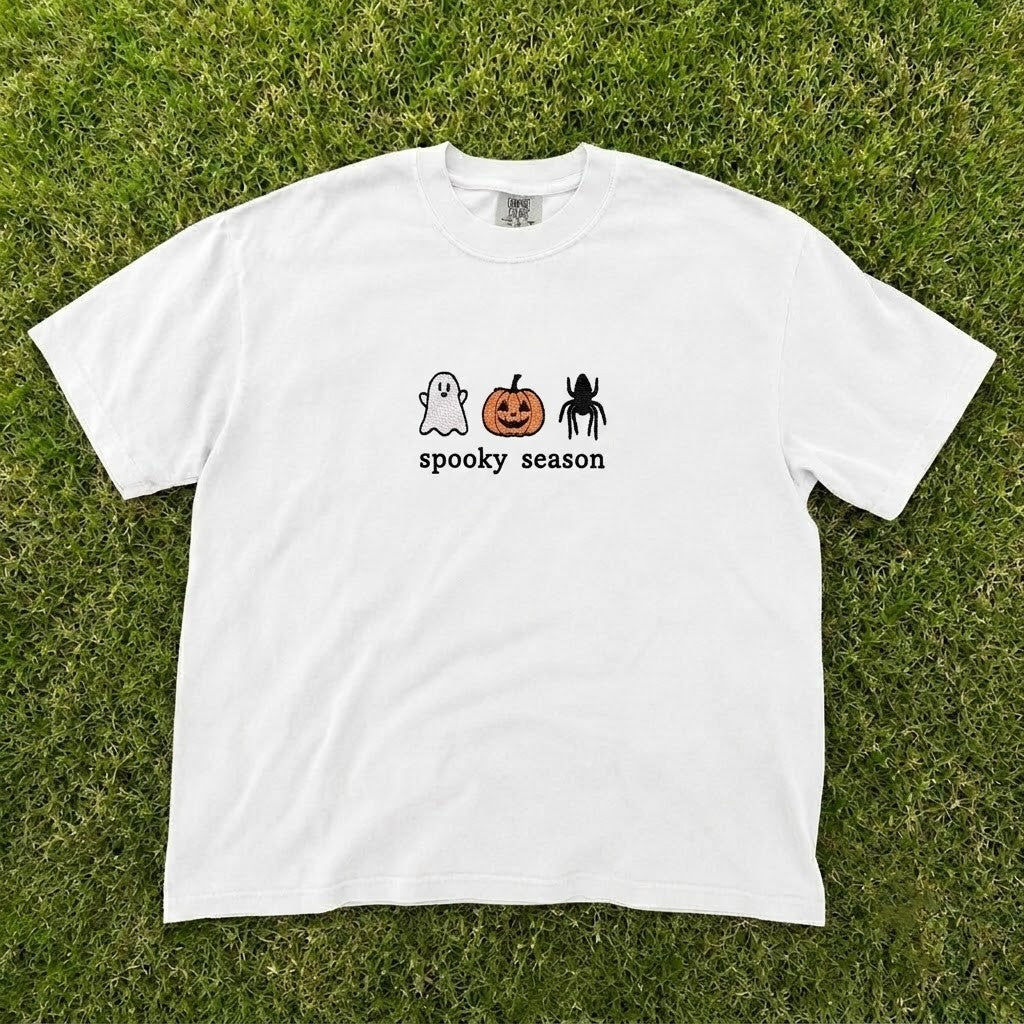 Cute Ghost Pumpkin Spider Spooky Season Embroidered Tee CT-0084