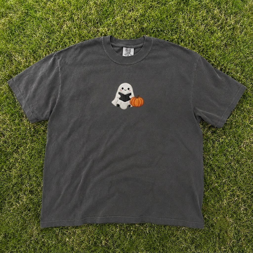 CUTE GHOST READING BOOK PUMPKIN HALLOWEEN BOOKWORM EMBROIDERED TEE CT-0076