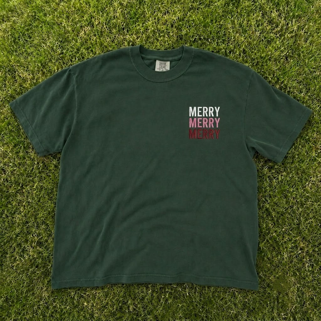 Triple Merry Minimalist Typography Embroidered Tee CT-0098