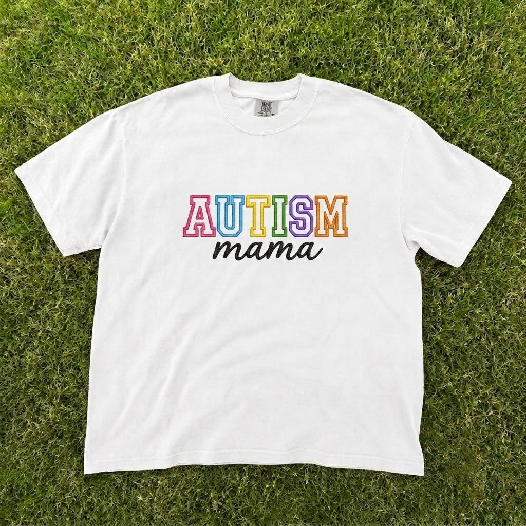 Autism Mama Colorful Varsity Letter Embroidered Tee CT-0101