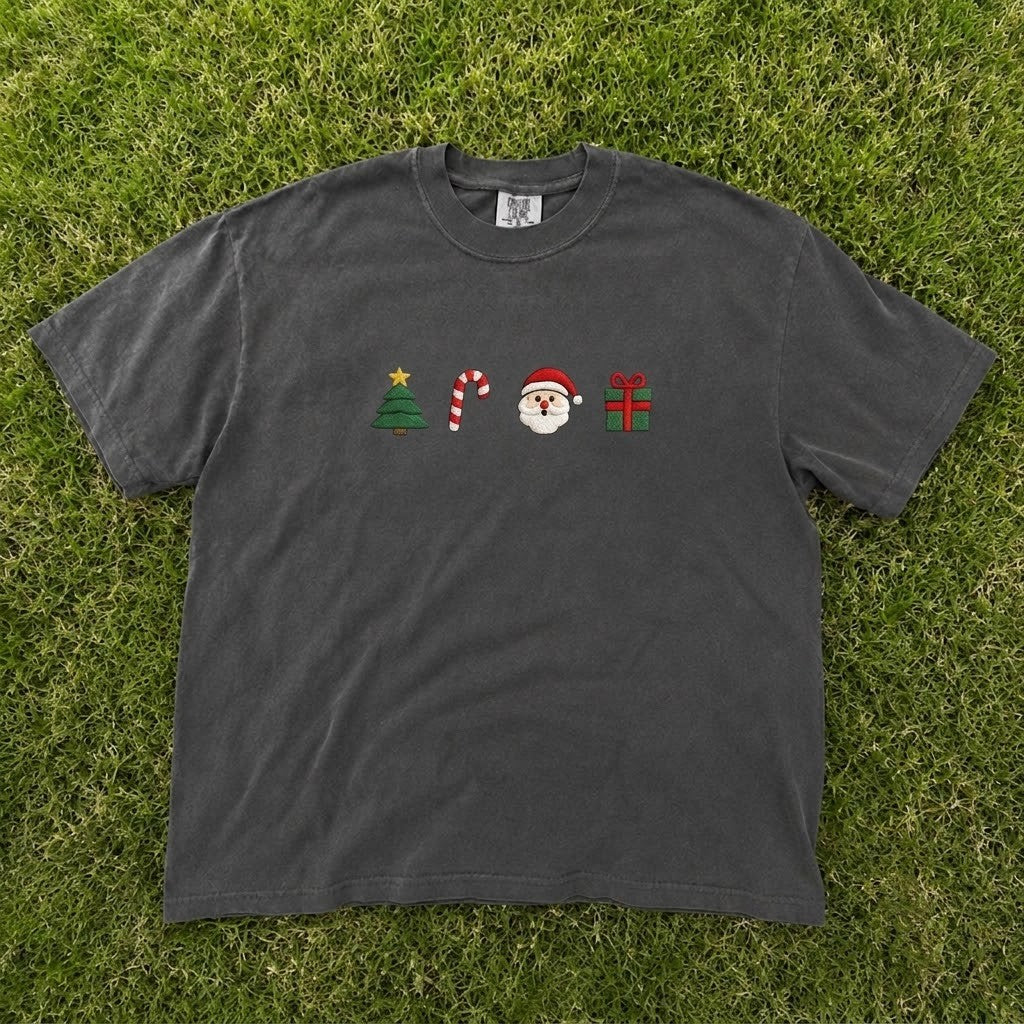 Christmas Icons (Tree, Candy Cane, Santa, Gift) Embroidered Tee CT-0090