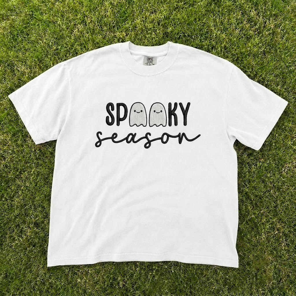 Spooky Season Ghost Typography Embroidered Tee CT-0086