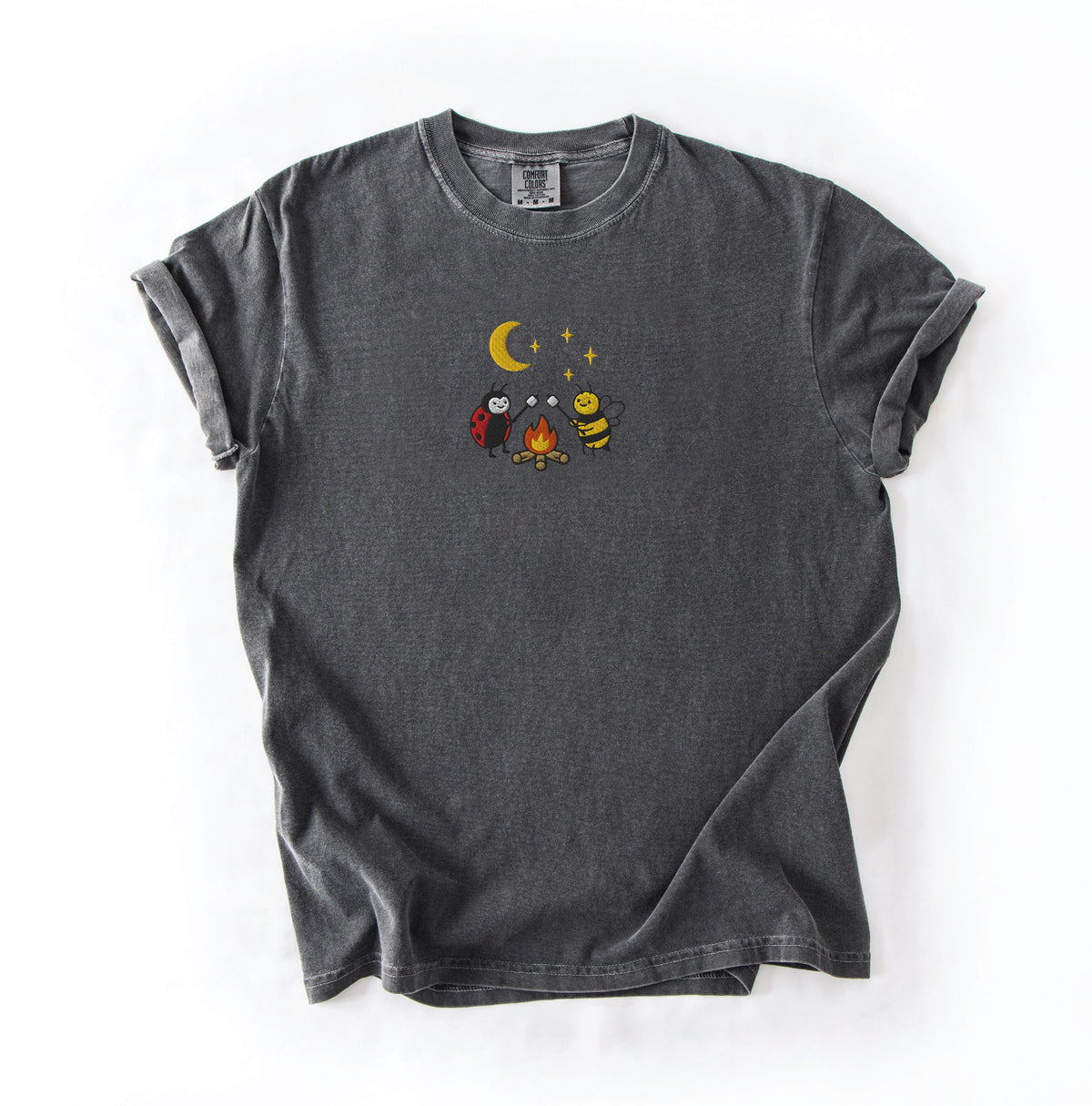 Embroidered Bee & Ladybug Campfire Shirt, Embroidered Comfort Colors Tee, Cottagecore Gift AK-001