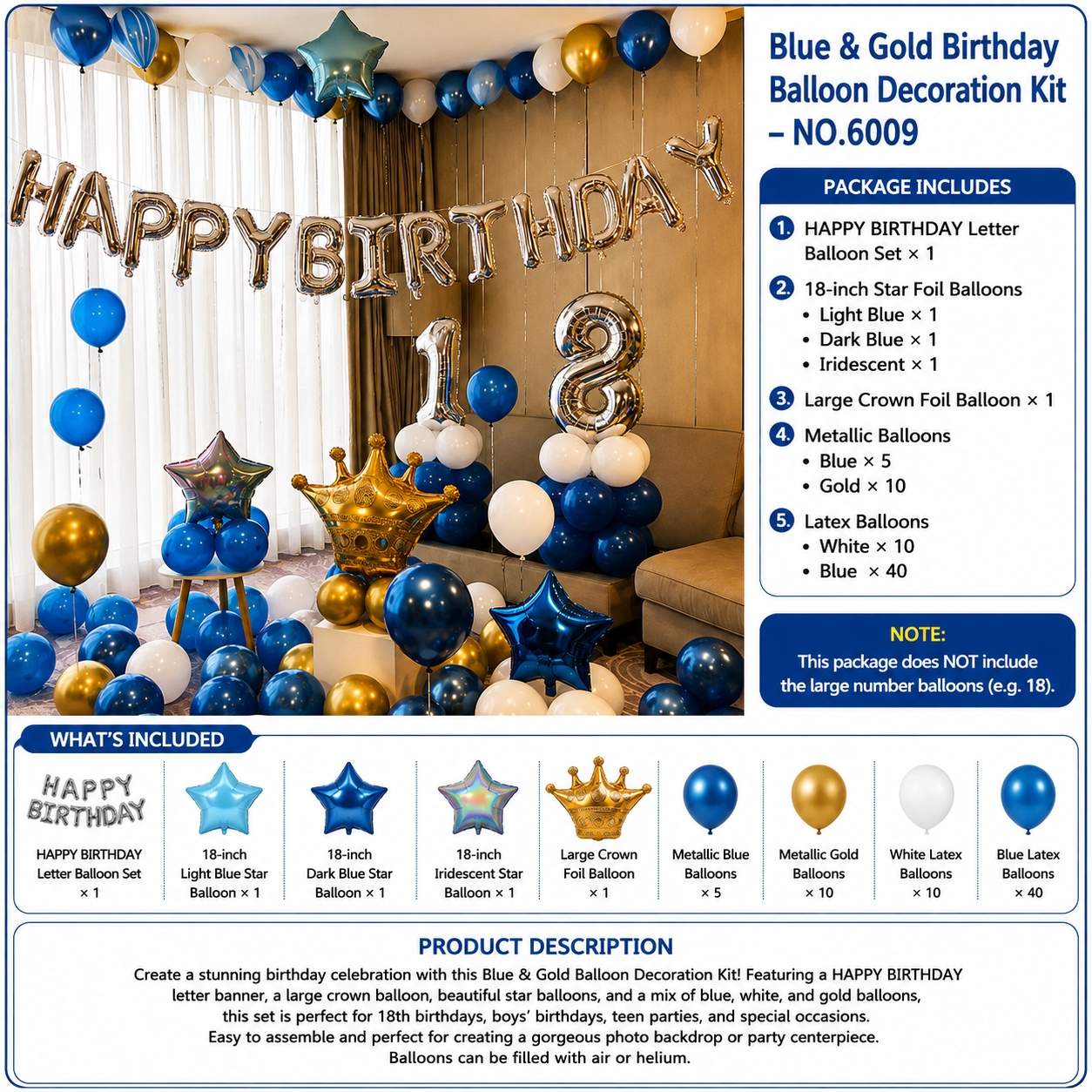Blue & Gold 18th Birthday Balloon Decoration Kit