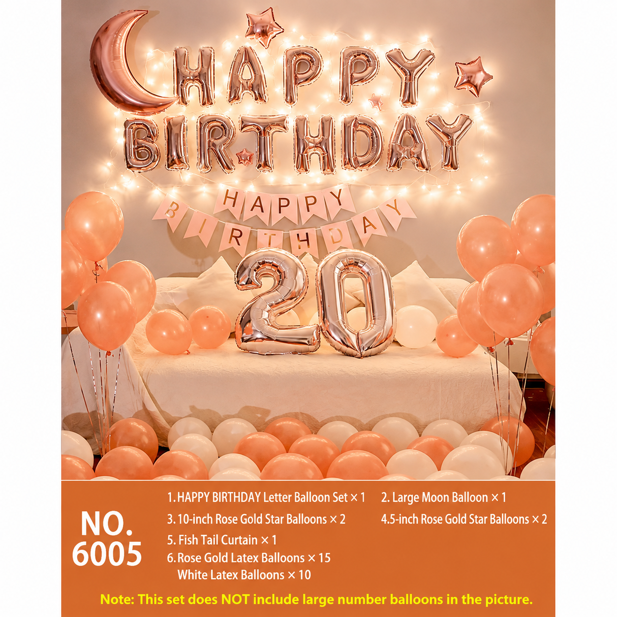 Rose Gold Happy Birthday Balloon Decoration Kit with Moon Balloon & Fairy Lights