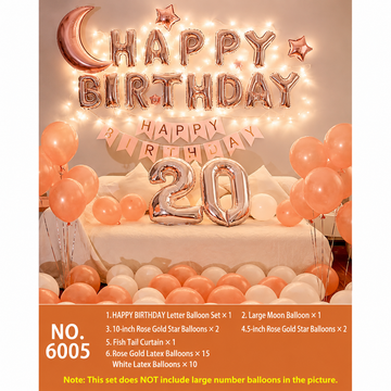 Rose Gold Happy Birthday Balloon Decoration Kit with Moon Balloon & Fairy Lights