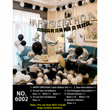 Black, White & Silver Happy Birthday Balloon Decoration Kit with Moon & Champagne Glass Balloon – Party Decor Set