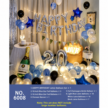 Blue & Silver Happy Birthday Balloon Decoration Kit with Champagne Bottle Balloon – Elegant Party Decor Set