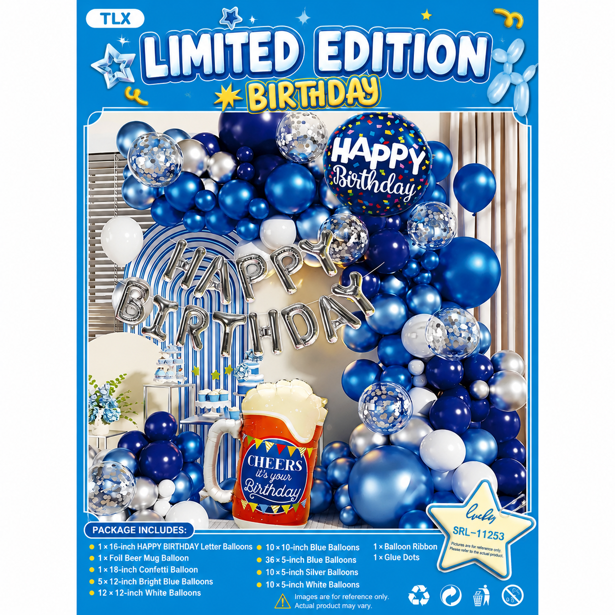lue Birthday Balloon Garland Kit – Happy Birthday Party Decoration Set with Beer Mug Balloon, Confetti Balloons & Metallic Foil Balloons