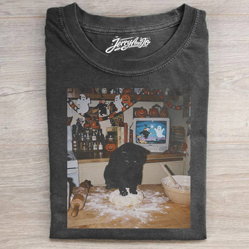 Halloween Black Cat Cooking Graphic T-shirt B-00170