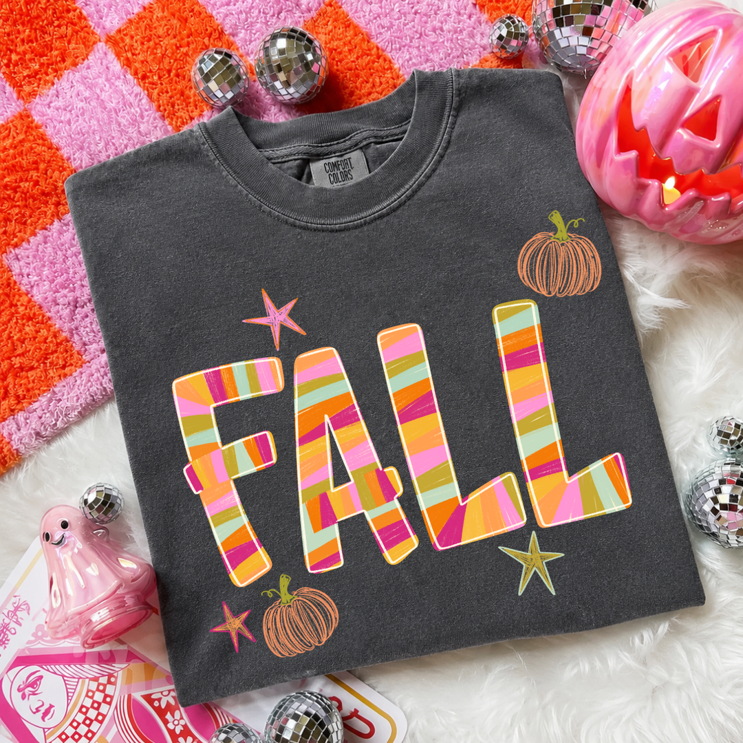 Striped Fall Letters T-shirt, Halloween Gift, Fall Vibes Outfit B-00146