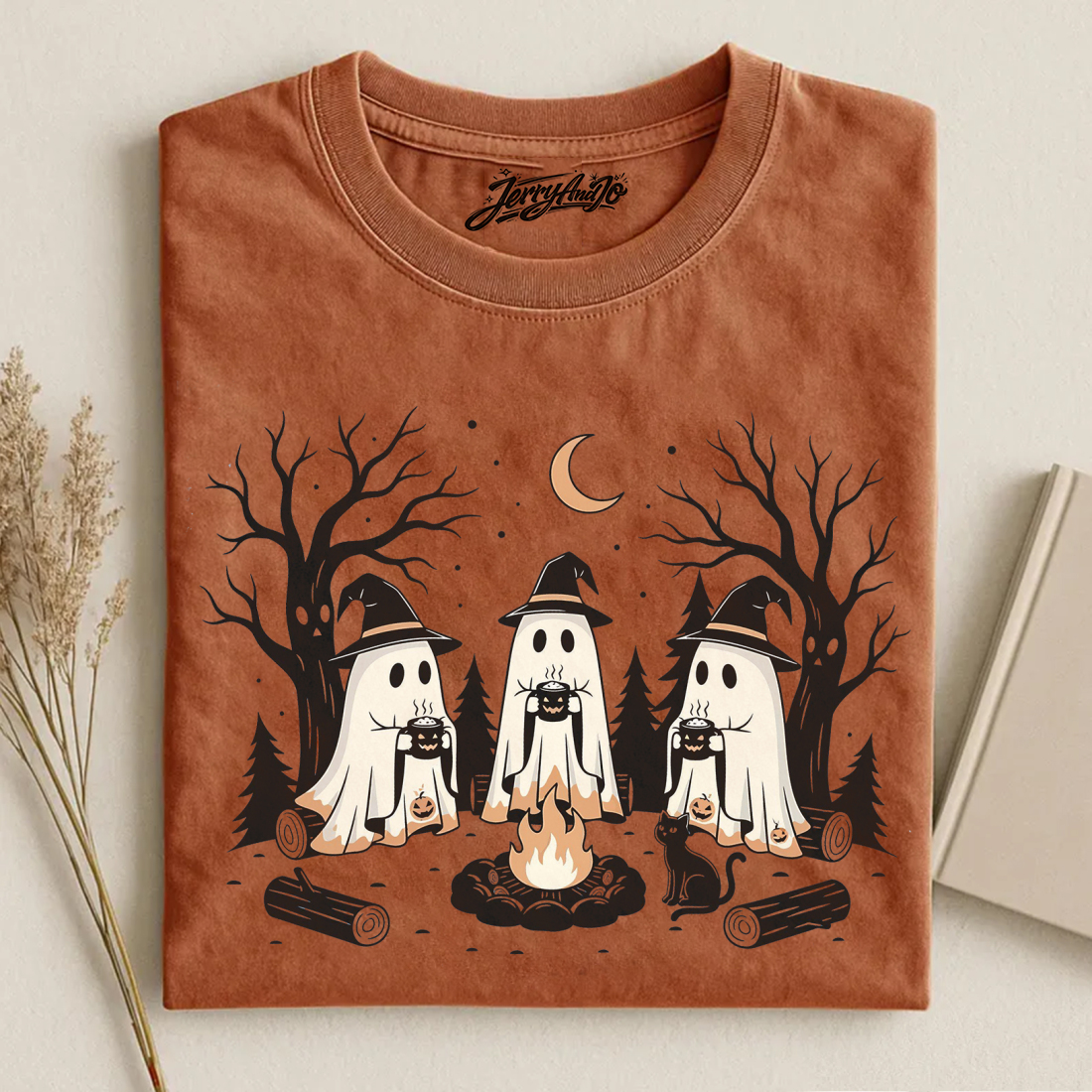 Ghost Camping Graphic T-Shirt, Cute Coffee Witch Ghost Vibes Shirt B-00171