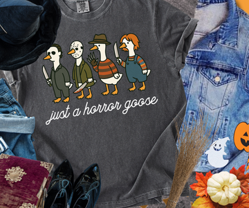 Just a Horror Goose Characters T-shirt, Halloween Graphic Tee, Spooky Gift, Fall Vibes Unisex B-00147