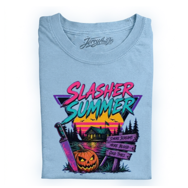 SLASHER SUMMER SHIRT, RETRO HORROR CAMP TEE, 80S LL - 0121