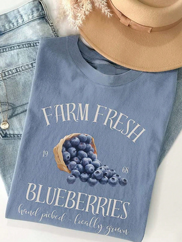 WOMEN LETTER & BLUEBERRY PRINT ROUND NECK SHORT SLEEVE CASUAL T-SHIRT LL - 0172