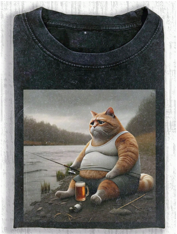 SAD FISHING CAT MEME VINTAGE GRAPHIC T-SHIRT LL - 0173