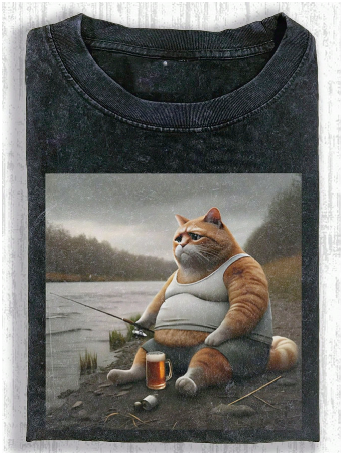 SAD FISHING CAT MEME VINTAGE GRAPHIC T-SHIRT LL - 0173