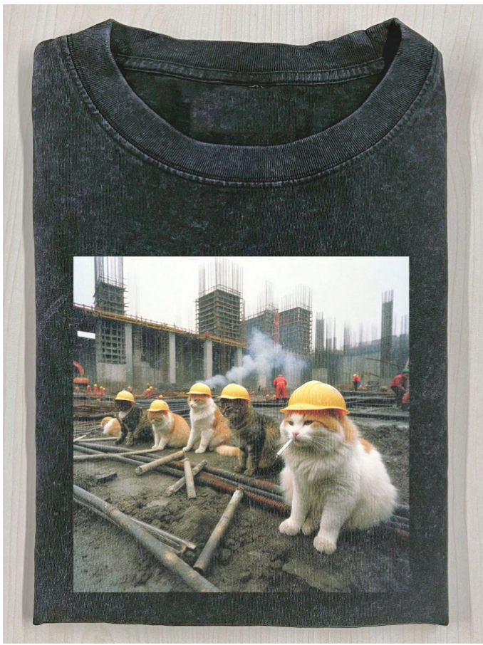 FUNNY CATS IN HARD HATS GRAPHIC TEE LL - 0174