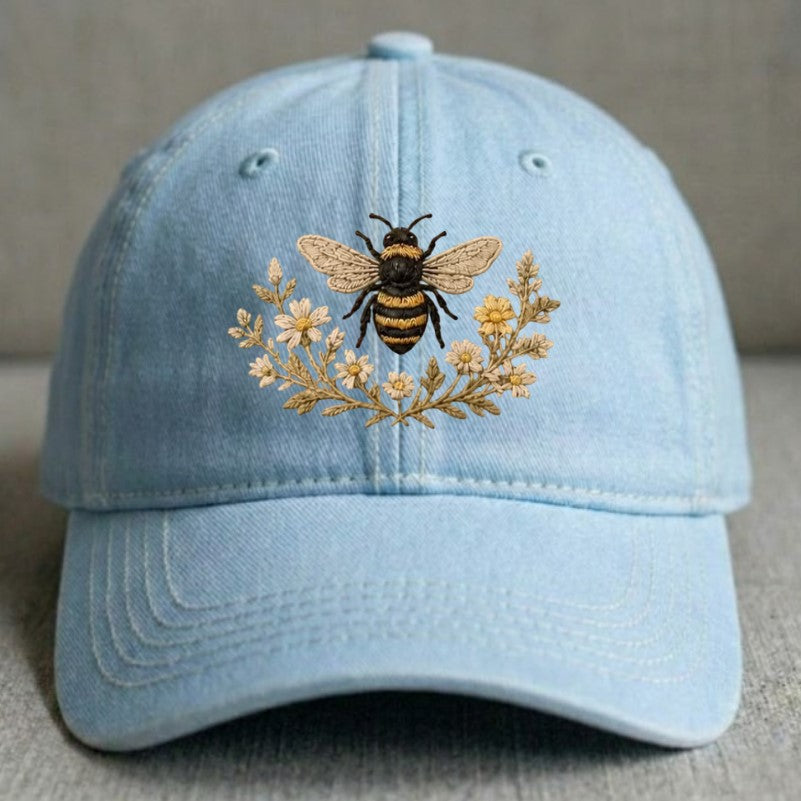 EMBROIDERED BEE FLORAL HAT WILDFLOWER XIU-0002