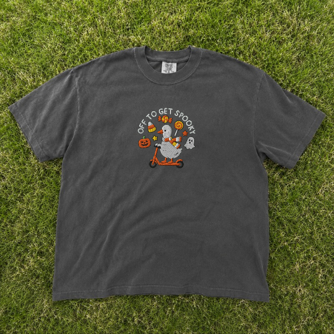 OFF TO GET SPOOKY, HALLOWEEN GOOSE EMBROIDERED TEE BN-00070