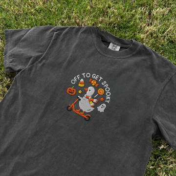OFF TO GET SPOOKY, HALLOWEEN GOOSE EMBROIDERED TEE BN-00070