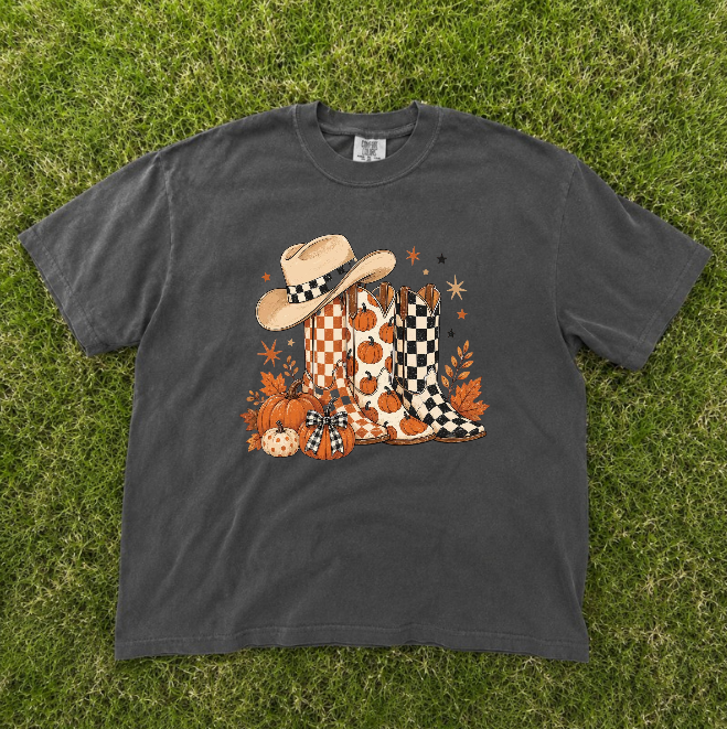 COWBOY BOOTS CHECKERED FALL TEE, BRUSHTROKE FALL PUMKIN TEE, LEOPARD HOWDY TEE BN-00093