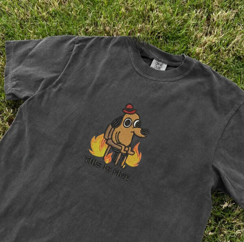EMBROIDERED FUNNY DOG IN FIRE TEE XIU-0044