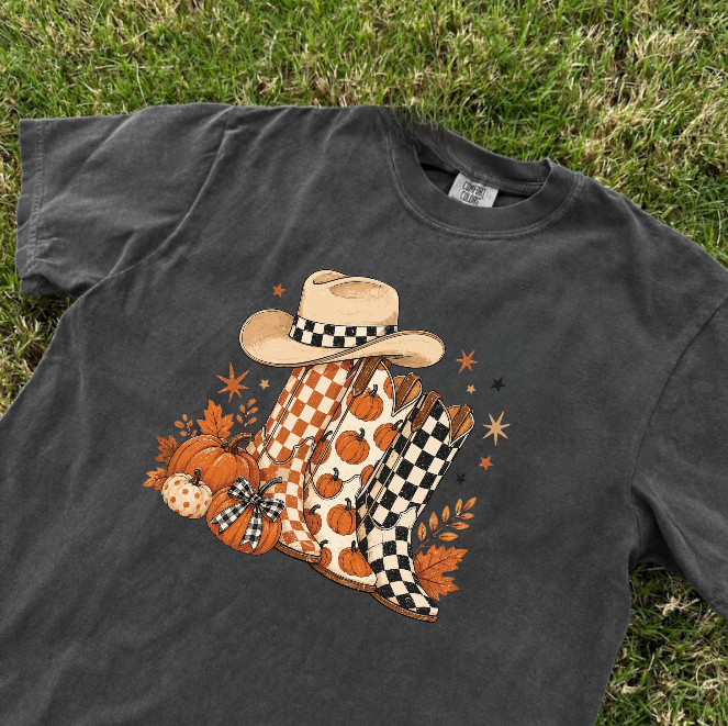 COWBOY BOOTS CHECKERED FALL TEE, BRUSHTROKE FALL PUMKIN TEE, LEOPARD HOWDY TEE BN-00093