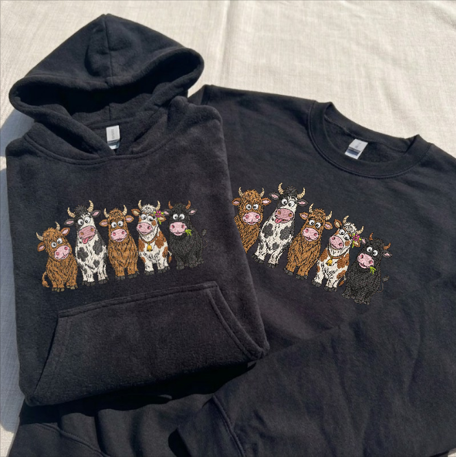 CUTE HIGHLAND COW EMBROIDERED TEE/ SWEATSHIRT/ HOODIE BN-00076