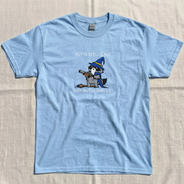 OUTTA SPELLS BUT NOT OUTTA SHELLS RACCOON WIZARD EMBROIDERED TEE TR-0068