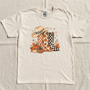 COWBOY BOOTS CHECKERED FALL TEE, BRUSHTROKE FALL PUMKIN TEE, LEOPARD HOWDY TEE BN-00093