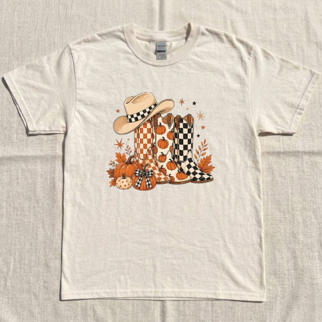 COWBOY BOOTS CHECKERED FALL TEE, BRUSHTROKE FALL PUMKIN TEE, LEOPARD HOWDY TEE BN-00093